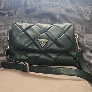 GUESS Quilted Crossbody Bag in Forest Green with Gold Hardware